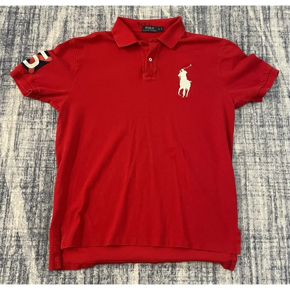 Polo Ralph Lauren Polo Shirt Mens Large Red White Pony 5 Golf Rugby *READ